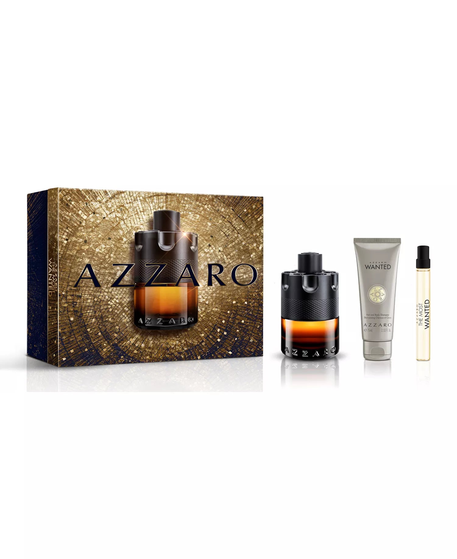 AZZARO THE MOST WANTED 3 PIECE SET MENS EDP 1X100ML (3.4FL OZ) 1X10mL (0.33FL OZ) AND SHAMPOO